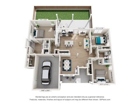 Floor plan for 3 beds, 2 baths, 1557 sqft